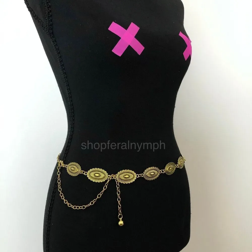 Vintage Y2K Western Gold-Tone Concho Chain Belt, Fits 16–39.5 Inches, X7GA1216